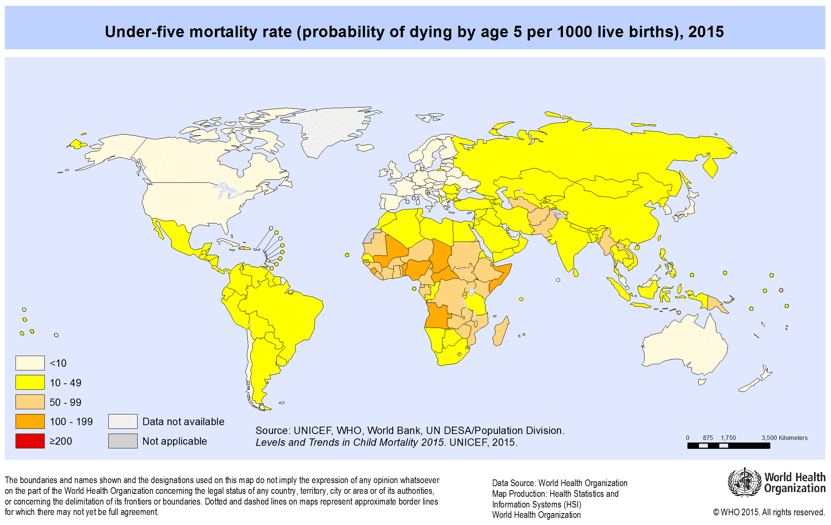 5歲以下兒童死亡率（每千人活產），2015 年／資料來源：World Health Organization